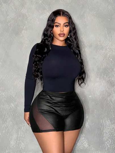 Slaydiva 2026 Spring Summer Autumn Winter New Elegant & Party & Streetwear & Casual & Date & Music Festival & Y2K Sexy Fitted Solid Black Sheer Mesh Patchwork PU Coated Fabric Plus Size Women Shorts