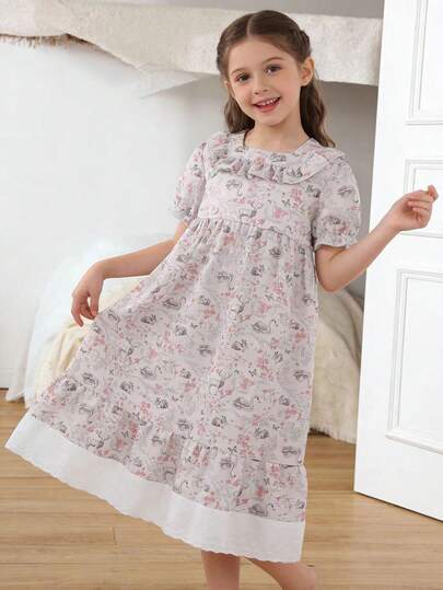 Tween Girls Pajamas-Spring To Summer Floral Ruffle Collar Short Sleeve Long Nightgown Dress Sleepwear Pastel Pink White Tiered Ruffled Hem Delicate Print Lightweight Cozy Lounge Everyday All Season 2026 Holiday Essential Vintage Cottagecore Princess Home Party Gift