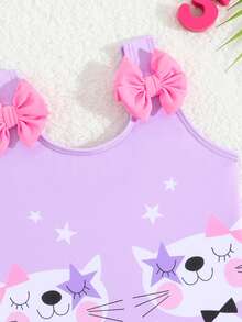 Infant/Toddler Girls' Cute Cat Print Pattern Pink & Purple 3D Bow Ruffle Trim Comfortable Stretch Active Swimsuit Toddler Girl Swimwear Purple Baby Girl One Piece Swimsuit Baby Girl Bathing Suit With Cat Print Baby Girl Swimsuit Purple