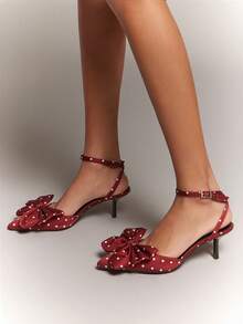 SHUZIA Women's Elegant Dot Satin Bow Knot Back Strap Pumps - Burgundy - View 2