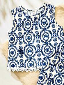 SHEIN 2pcs/Set Girls Pattern Short Sleeve Top And Shorts Set, Casual And Chic With Ruffle Trim, Spring/Summer - Blue - View 6