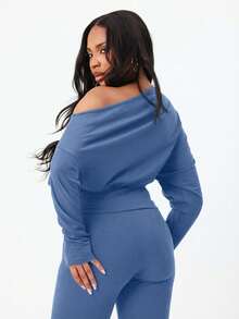 BABYPHAT Asymmetrical Shoulder Long Sleeve Slouchy Top With Text Print And Fitted Waist For Casual Comfort - Baby Blue - View 2