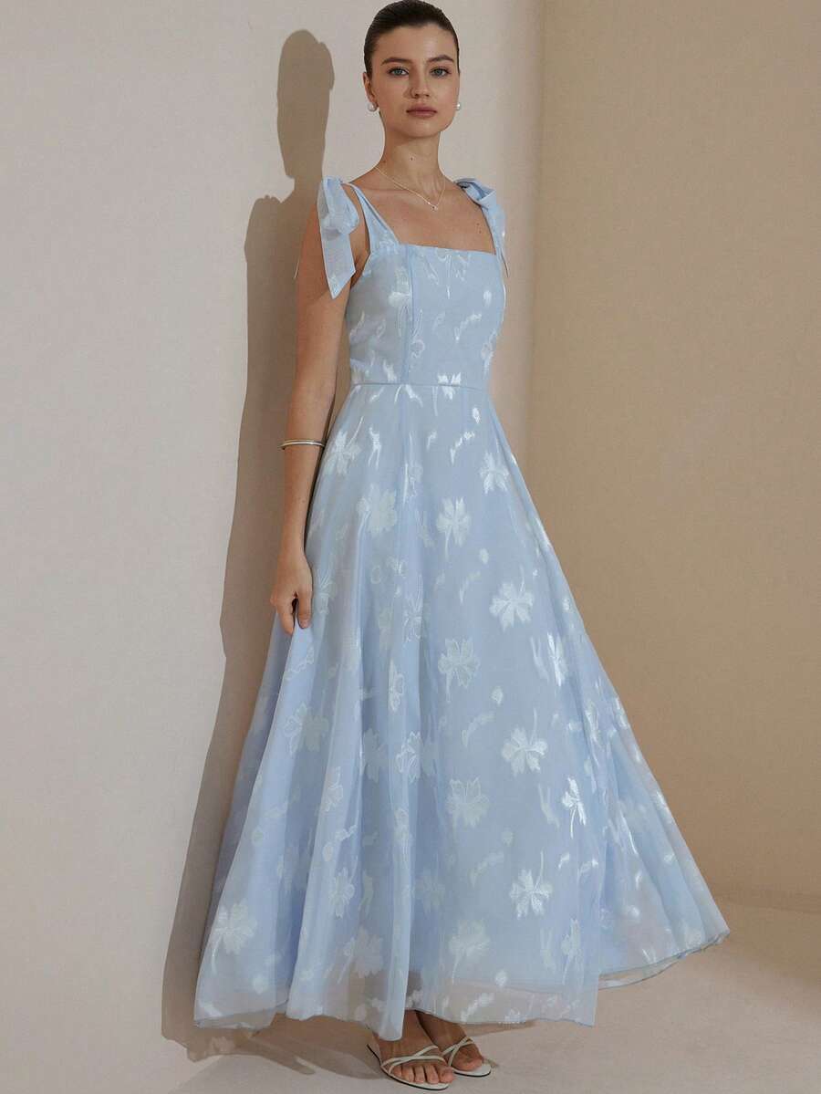 Aveloria Modichic French Design Luxurious High-End Jacquard Camisole Strap Tie Waist Flared Hem Sleeveless Dress - Blue - View 1