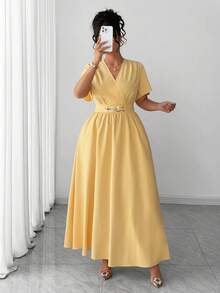 Elenzga 大码女装夏季新款法式黄色V领收腰显瘦优雅褶皱金属环装饰长裙，适合：日常休闲、通勤、办公、朋友聚会、小型派对、海滩度假 - 黃色 - 查看 1