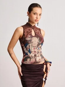 Grunge Punk 复古中国风佛像印花紧身女式背心 - 咖啡棕 - 查看 5