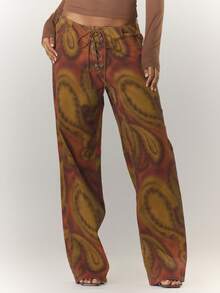 MUSERA Peacock Print Lace Up Straight Leg Printed Jeans Cool Girl Streetstyle Going Out Fall Autumn Winter - Coffee Brown - View 2