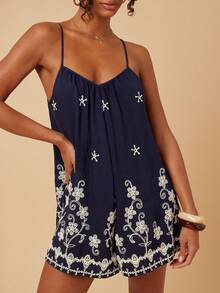 Travachic 女士度假印花宽松连体裤，热带风情连身裤，休闲女装，秋季女装，时尚秋季穿搭，外出装扮，优雅穿搭，乡村风女装，度假装扮，沙滩短裙，度假女装，秋冬服装，圣诞派对，新年，婚礼宾客装扮，优雅毕业典礼，奢华舞会装扮，休闲装扮，热带风情女士连身裤 - 藏蓝色 - 查看 7