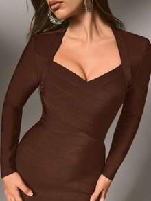 Nuvra Women's Romantic Vacation Curve-Flattering Long Sleeve Bodycon Slit Waist Fitted Bandage Knit Dress - Brown - View 8