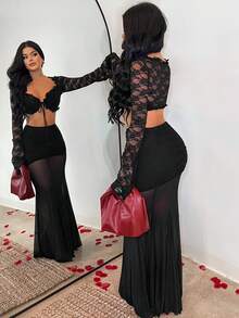 SHEIN SXY Women's Solid Color Mesh Patchwork Sexy Sheer Party Mini Skirt,Valentine's Day,Black ,Mesh ,Black Skirt ,Sheer ,Club , Sexy Skirt , Black Skirt, Black Skirt Set, Sexy Skirt , - Black - View 3