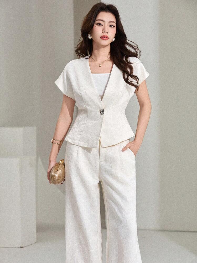 Spring & Summer Slim Fit Casual Commuter Professional Outfit, Cropped Top And Straight Leg Pants Set, Elegant Old Money Style For Women