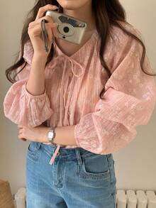 DAZY Women's Casual Lace Long Sleeve White Blouse, Suitable For Spring, Summer, Valentine's Day, Office Wear - Pink - View 1