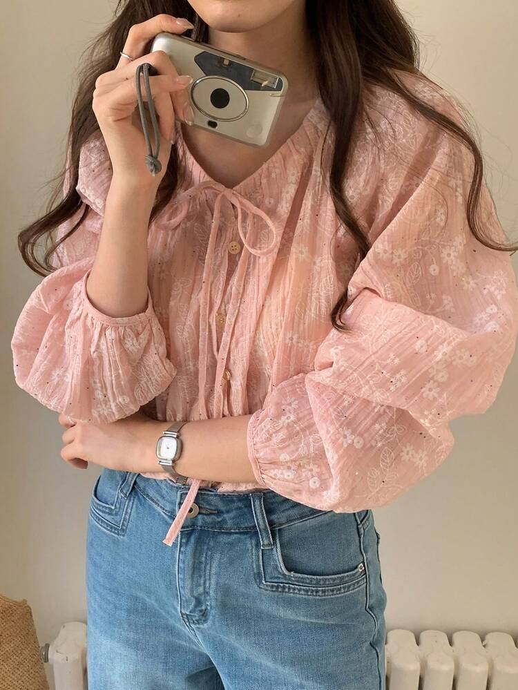 Women's Casual Lace Long Sleeve White Blouse, Suitable For Spring, Summer, Valentine's Day, Office Wear