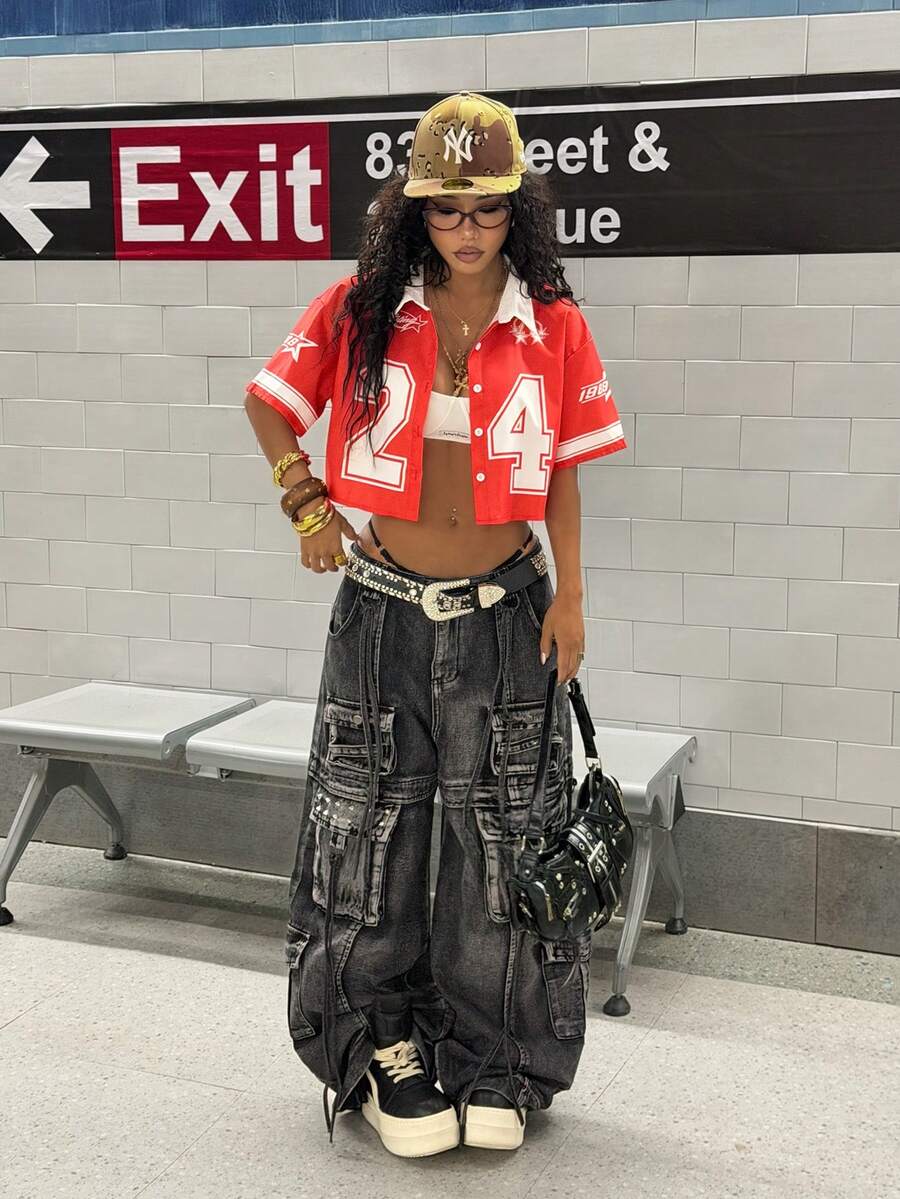 StreetHx 街头风女式字母印花短袖衬衫，春夏款 - 紅色 - 查看 1