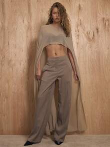 MUSERA 垂褶圆领薄纱及地披肩式上衣，仅上衣，新年可爱性感外出晚宴派对点缀情人节春夏假日场合婚礼宾客 - 卡其色 - 查看 5