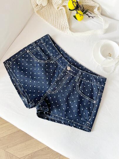 Elamini Y2K Fashion Casual Polka Dot Low Waist Denim Shorts