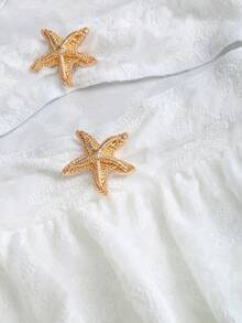 SHEIN Unity 白色针织提花面料金属海星装饰镂空扭腰蛋糕迷你连衣裙，优雅浪漫甜美简约度假日常派对百搭女装，春夏款 - 白色 - 查看 4