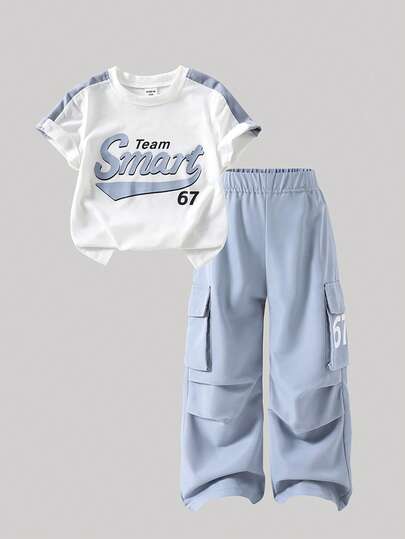 SHEIN Casuvi Kids 2pcs/Set Toddler Girls Urban Casual Loose Raglan Sleeve Colorblock Retro American Letter Cute Sweet Tee + Light Blue Cargo Pants Summer Stylish Outfit, Suitable For Home, Travel, Sports, Outdoor, Daily Wear