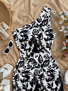 SHEIN SXY Women's Contrast Color Print Asymmetrical Shoulder Mini Dress - Black and White - View 5