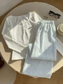 Comfortcana 新款春夏女士休闲刺绣细节纽扣上衣和条纹裤两件套，蓝色春季套装，适合海滩、感恩节、新年、圣诞节等场合。 - 淺藍色 - 查看 4