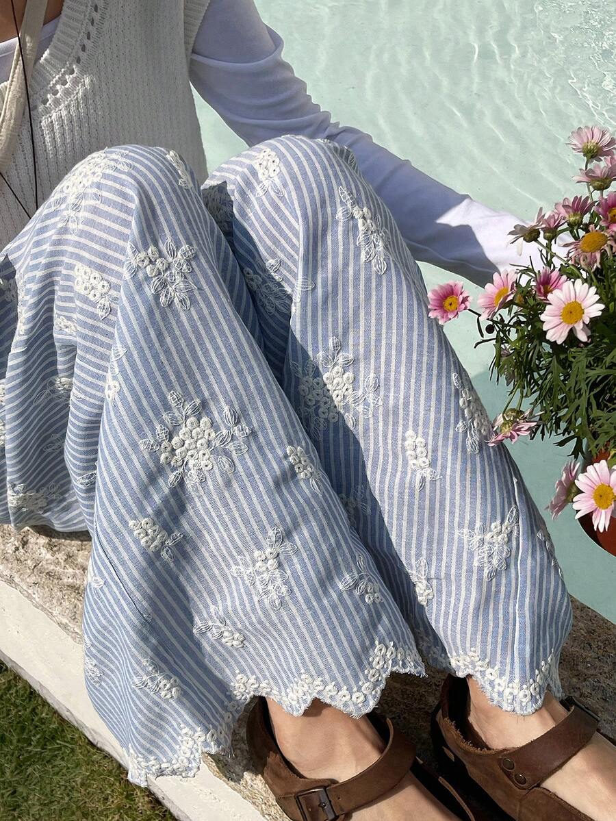 FRIFUL 女士条纹弹力腰棉质刺绣裤脚不规则直筒宽松休闲裤 - 藍色 - 查看 1