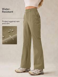 OutZeal Pantalones para mujer para exteriores de unicolor, resistentes al agua, elásticos, de nailon, de pierna acampanada y ajustados, para camping y senderismo, para primavera y verano - Caqui - Ver 2