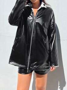 SHEIN EZwear 可反穿拉鍊夾克 - 黑色 - 查看 1