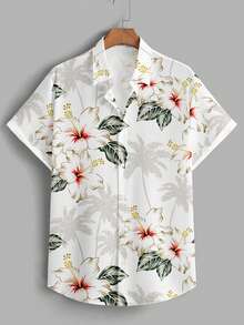 Manfinity RSRT Men's Floral Print Casual Polo Collar Single-Breasted Short Sleeve Shirt, Suitable For Daily Outings And Travel - White - View 1