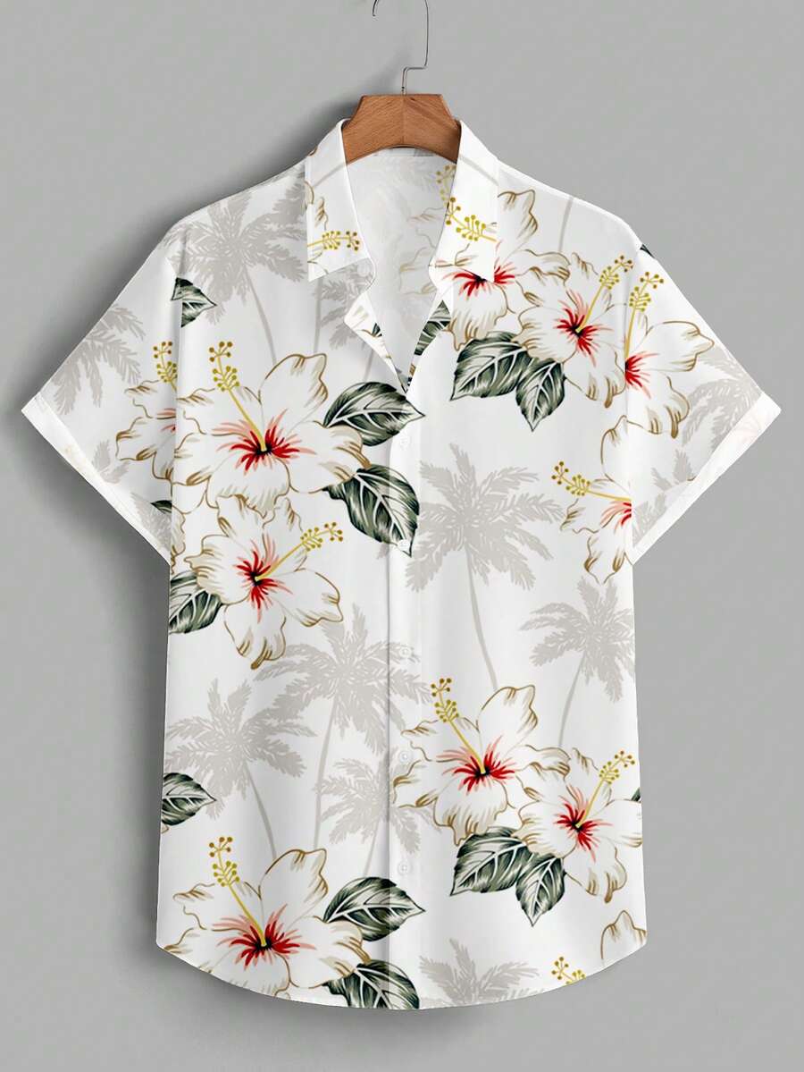 Manfinity RSRT Men's Floral Print Casual Polo Collar Single-Breasted Short Sleeve Shirt, Suitable For Daily Outings And Travel - White - View 1