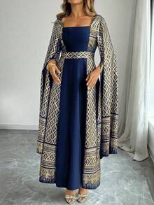 Elenzga Plus Size Navy Blue,Winter Elegant Wedding Al-Adha Woven Dress,Square Neck Folk Cloak Sleeve Flared Hem Najma Turkish Abaya Dubai Modest Women - Navy Blue - View 4