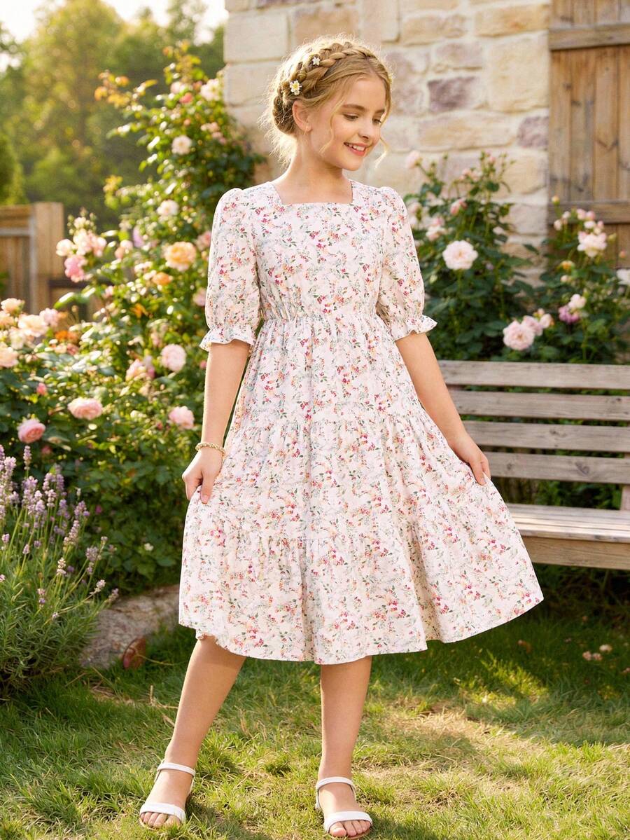 SHEIN Tween Girls Floral Print Puff Sleeve Dress, Sweet & Fashionable, No Belt, Spring/Summer - Pink - View 1