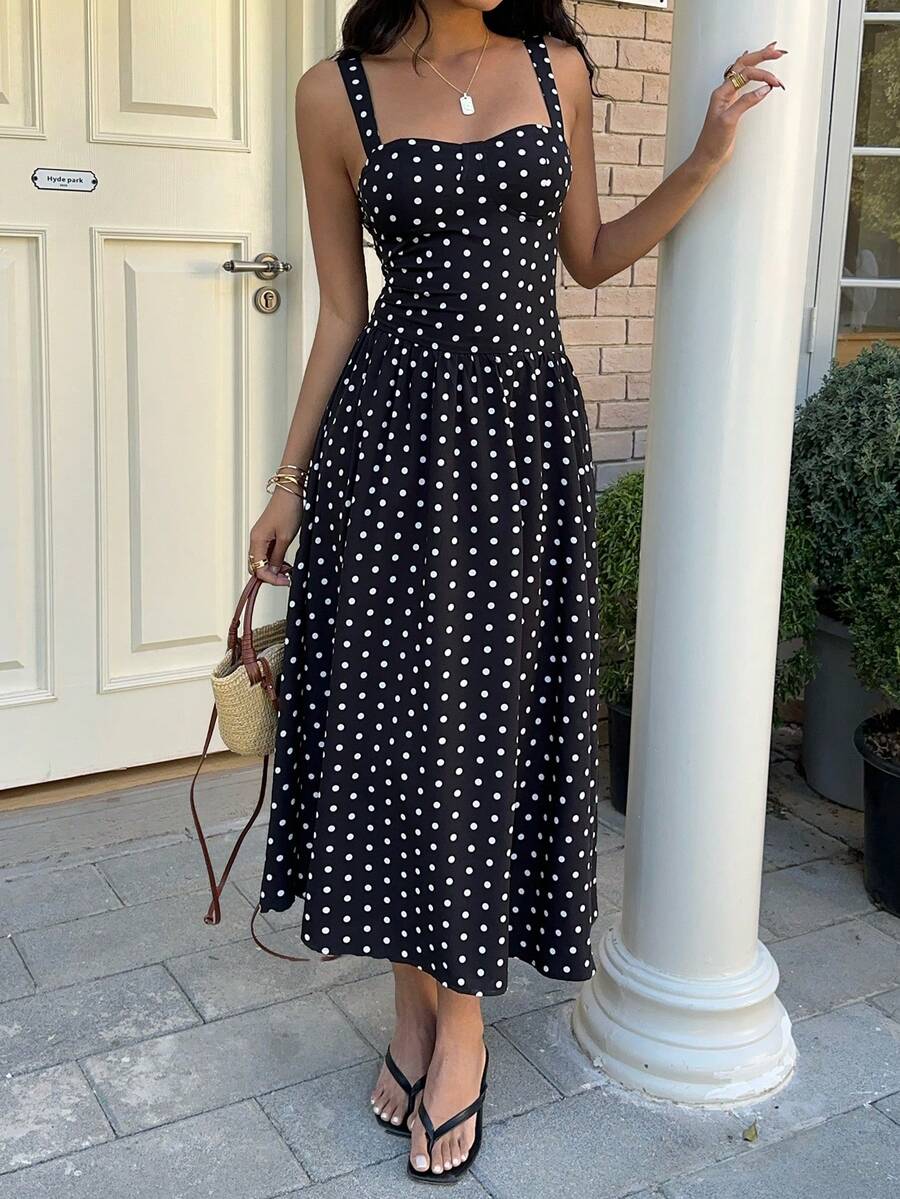 SHEIN EZwear 黑色波点编织吊带度假连衣裙 - 黑色 - 查看 1