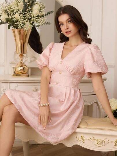 Modelyn 女士优雅复古V领泡泡袖珍珠纽扣收腰时尚迷你连衣裙