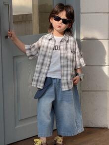 DAZY 男童格子衬衫和牛仔裤套装 - 白色 - 查看 5