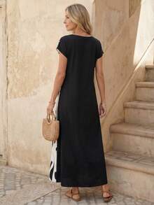 EMERY ROSE 女士度假休闲撞色拼接印花连衣裙 - 黑色 - 查看 2