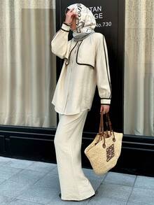 Solavon 女士休闲通勤撞色滚边衬衫和裤子两件套 - 杏色 - 查看 8