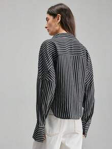 Ontre Women's Black And White Checkered Autumn Chic Office Long Sleeve Woven Shirt,Mandarin Collar Button Pleated Waist-Cinched Striped Minimalist Blouse - Black - View 7