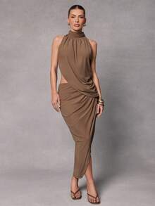 Hauture Women's Sexy Simple High Neck With Draped Detail And Side Ruched Maxi Dress - Khaki - View 6