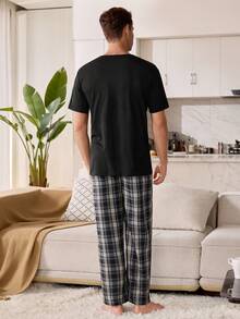 CoupledUp Crew Neck Patch Decor Short Sleeve Top & Casual Patch Print Pants Men Pajama Set - Multicolor - View 4