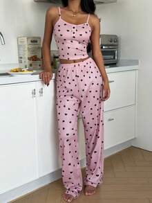 SHEIN Conjunto de pijama de camiseta y pantalones con estampado de corazón y botones falsos para mujer - Rosa vieja - Ver 3