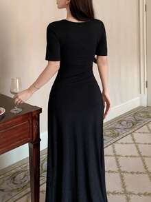 DAZY Minimalist Cutout Shoulder Cinched Waist Long Dress Loungewear For Women - Black - View 2