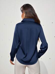 Aveloria Modichic Solid Color Button Down Long Sleeve Shirt Holiday Party Clothes Button Up Shirt Women  - Navy Blue - View 5
