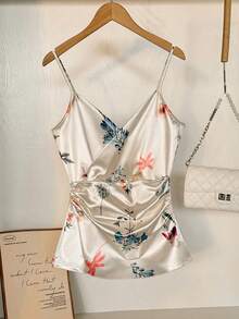 GlowEve Best-Selling Floral Print Vacation Camisole With Waist Ruching Detail, Slimming, Luxurious Satin, Summer Tank Top - Multicolor - View 3