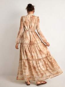 Freevana Robe imprimée de peinture à l'huile vintage bohème, robe à manches bouffantes, robe à col en V avec patchwork en dentelle à la taille, robe fluide en mousseline de soie imprimée de motifs botaniques camel, robe longue élégante pour les sorties et les vacances des femmes - Camel - Voir 2