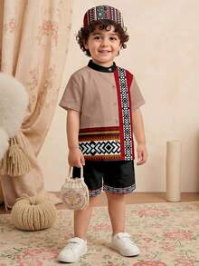 SHEIN 2pcs/Set Young Boy Shirt + Shorts, Casual Minimalist Design, Classic Retro Traditional Pattern Print, Suitable For Summer - Multicolor - View 1