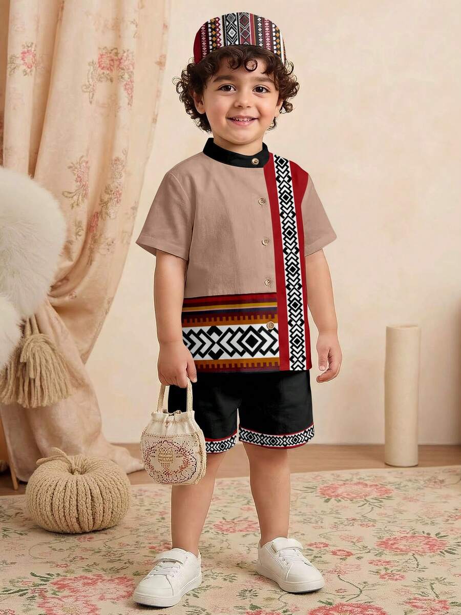 SHEIN 2pcs/Set Young Boy Shirt + Shorts, Casual Minimalist Design, Classic Retro Traditional Pattern Print, Suitable For Summer - Multicolor - View 1