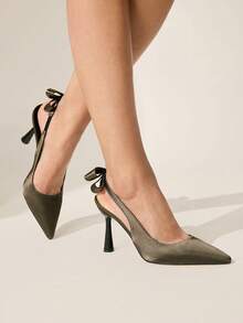 CUCCOO CHICEST 女士时尚尖头低帮细高跟后跟蝴蝶结装饰露跟优雅舒适浅口鞋，适合春秋季晚宴派对，黑色，圣诞节适用 - 軍綠色 - 查看 6