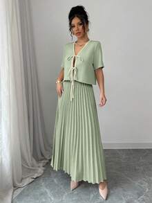 Modelyn 女士优雅撞色编织系带露脐上衣两件套 - 青碧色 - 查看 6