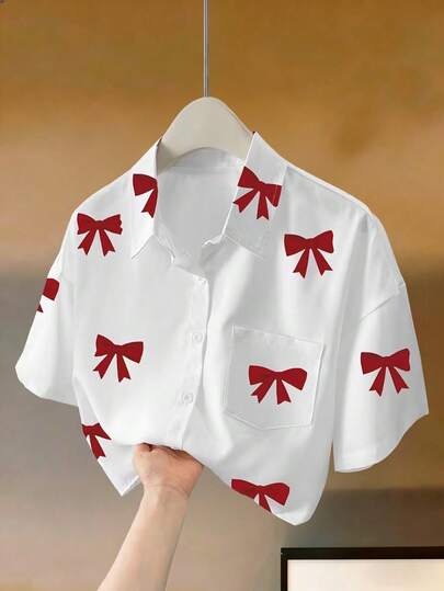 Franclia Cropped Bow Print Shirt Collar Drop Shoulder Short Sleeve Top
