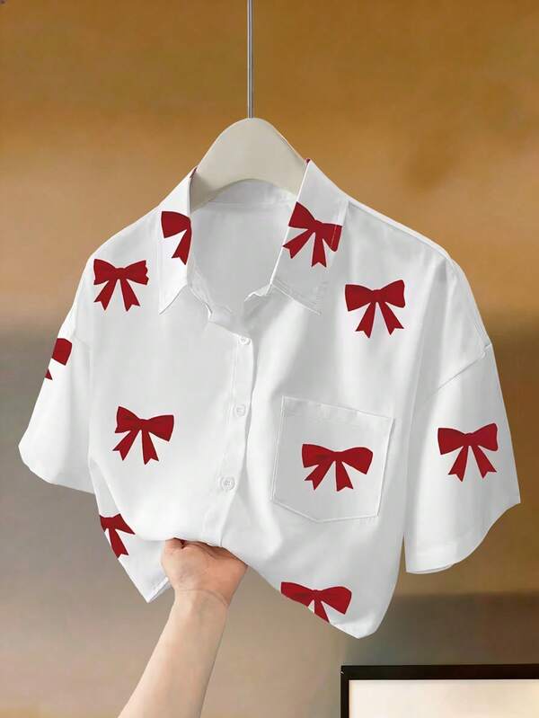 Franclia Cropped Bow Print Shirt Collar Drop Shoulder Short Sleeve Top