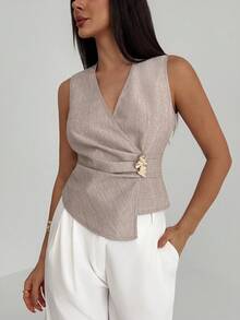 Aloruh Women's Solid Color Overlap V-Neck Waist Metal Decor Ruched Asymmetric Hem Sleeveless Blouse Wrap Tops For Women Criss Cross Top - Khaki - View 6